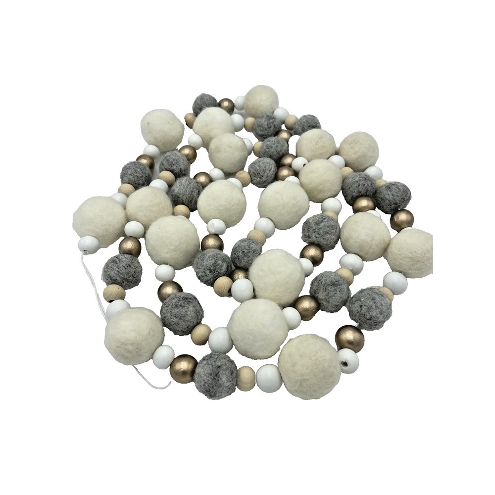 Karma Gifts  72"L Wool Felt Ball Garland w/ Gold White Wood Beads Gray Cream NEW